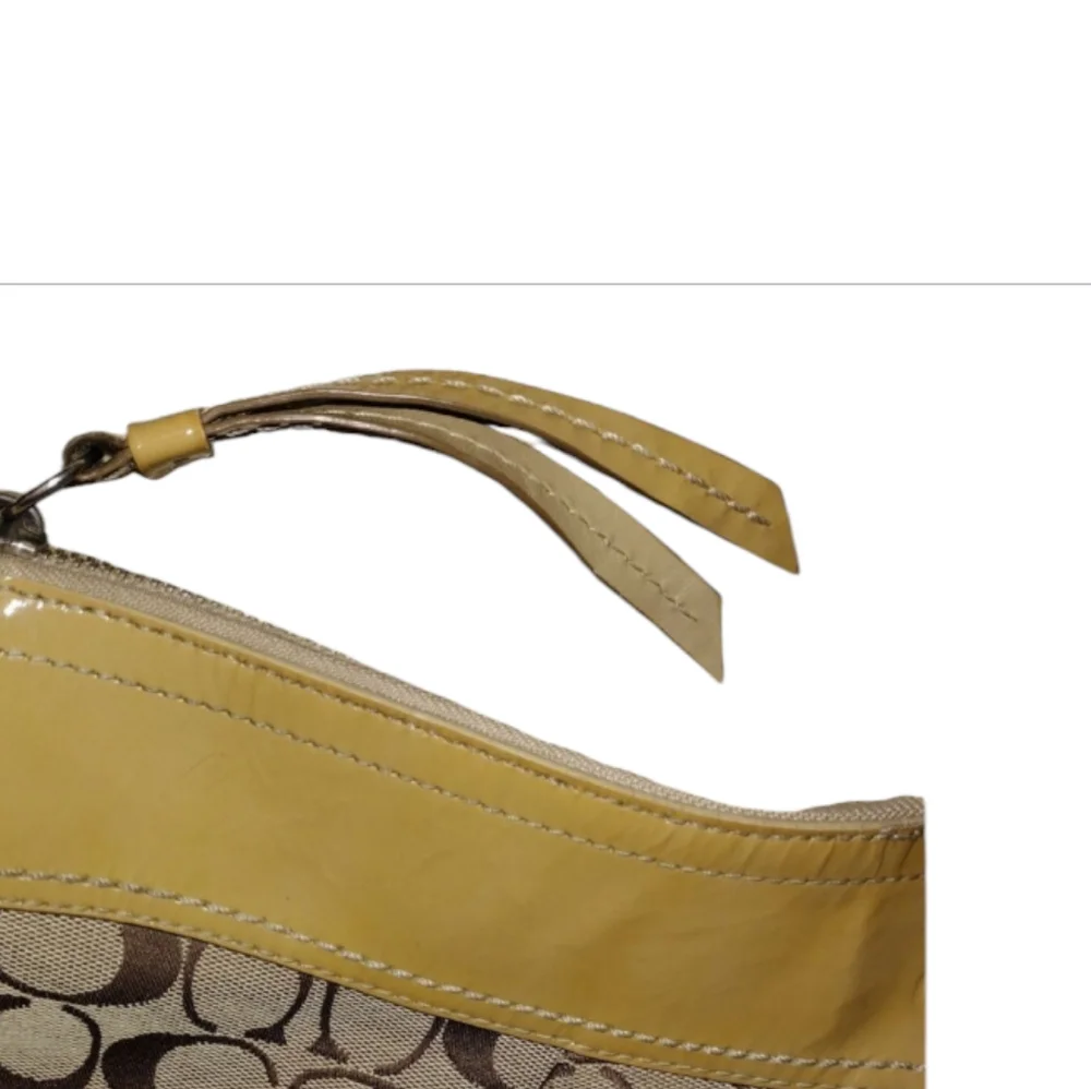 Large Coach Jacquard & Patent Leather Shoulder Bag Floral Applique Tan Yellow